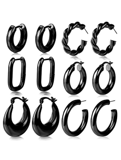 17km 6 Pairs Gold Chunky Hoop Earrings Set for Women Hypoallergenic Thick Open Twisted Huggie Hoop Jewelry for Birthday/Christmas Gifts