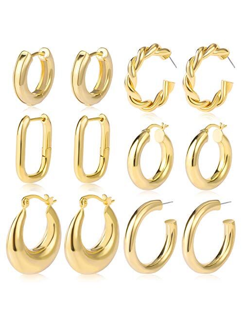 17km 6 Pairs Gold Chunky Hoop Earrings Set for Women Hypoallergenic Thick Open Twisted Huggie Hoop Jewelry for Birthday/Christmas Gifts