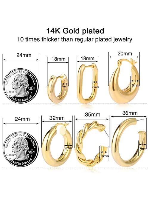 17km 6 Pairs Gold Chunky Hoop Earrings Set for Women Hypoallergenic Thick Open Twisted Huggie Hoop Jewelry for Birthday/Christmas Gifts