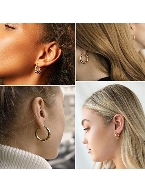 17km 6 Pairs Gold Chunky Hoop Earrings Set for Women Hypoallergenic Thick Open Twisted Huggie Hoop Jewelry for Birthday/Christmas Gifts