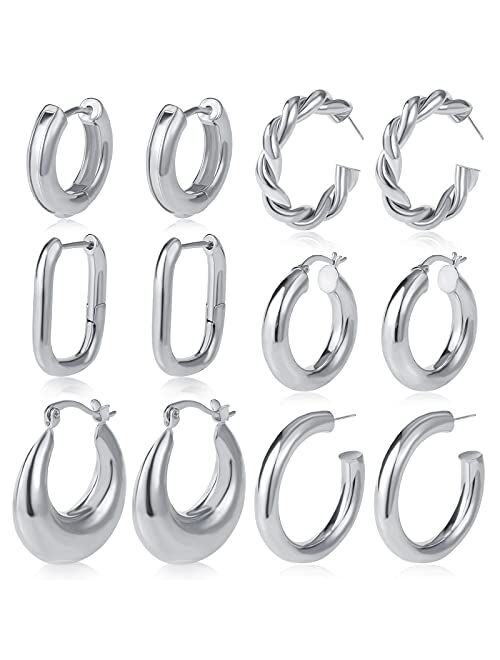 17km 6 Pairs Gold Chunky Hoop Earrings Set for Women Hypoallergenic Thick Open Twisted Huggie Hoop Jewelry for Birthday/Christmas Gifts