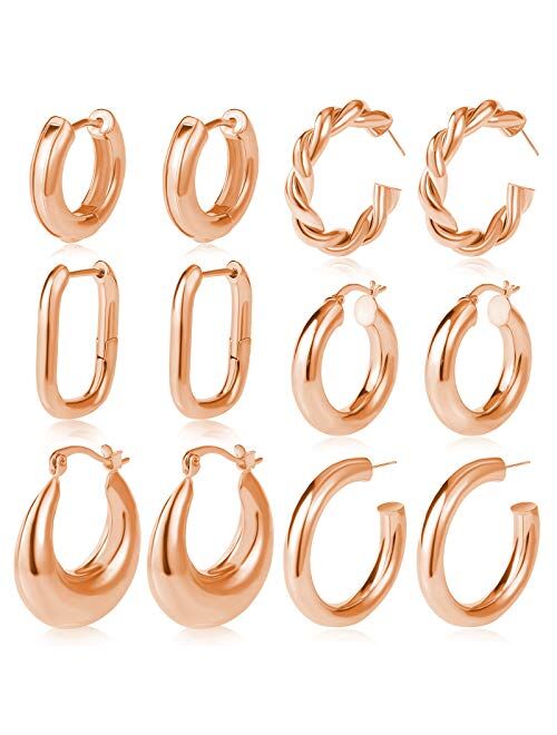 17km 6 Pairs Gold Chunky Hoop Earrings Set for Women Hypoallergenic Thick Open Twisted Huggie Hoop Jewelry for Birthday/Christmas Gifts