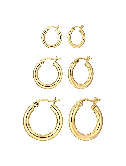 Famarine 3 Pairs 14K Gold Plated Huggie Hoop Earrings for Women, Minimalist Gold Huggie Hoop Earrings, Simple 3 sizes Hoop Earrings for Women Men gift,gold silver rose go