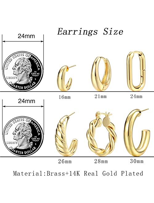 17 MILE Gold Hoop Earrings Set for Women, 14K Gold Plated Lightweight Hypoallergenic Chunky Open Hoops Set for Gift