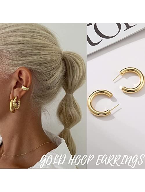 17 MILE Gold Hoop Earrings Set for Women, 14K Gold Plated Lightweight Hypoallergenic Chunky Open Hoops Set for Gift