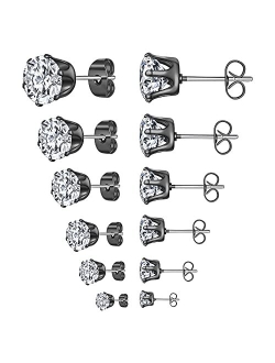 Anmao 6 Pairs Stud Earrings Set,Clear Cubic Zirconia 316L Stainless Steel Earrings for Women for Men 3-8mm