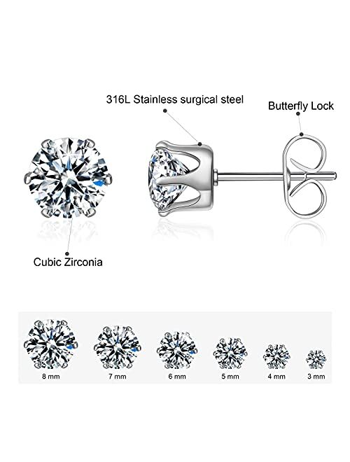 Anmao 6 Pairs Stud Earrings Set,Clear Cubic Zirconia 316L Stainless Steel Earrings for Women for Men 3-8mm