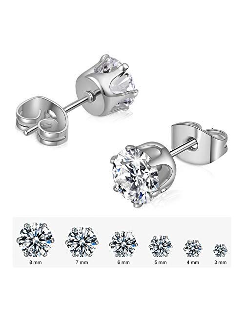 Anmao 6 Pairs Stud Earrings Set,Clear Cubic Zirconia 316L Stainless Steel Earrings for Women for Men 3-8mm