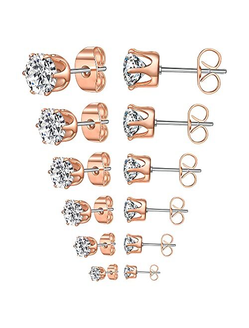 Anmao 6 Pairs Stud Earrings Set,Clear Cubic Zirconia 316L Stainless Steel Earrings for Women for Men 3-8mm