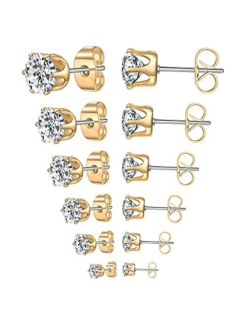 Anmao 6 Pairs Stud Earrings Set,Clear Cubic Zirconia 316L Stainless Steel Earrings for Women for Men 3-8mm