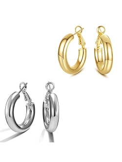 SHOWNII Chunky Gold Hoop Earrings, 14K Gold Plated Chunky Tube Hoop Earrings for Women Lightweight Thick Hoops