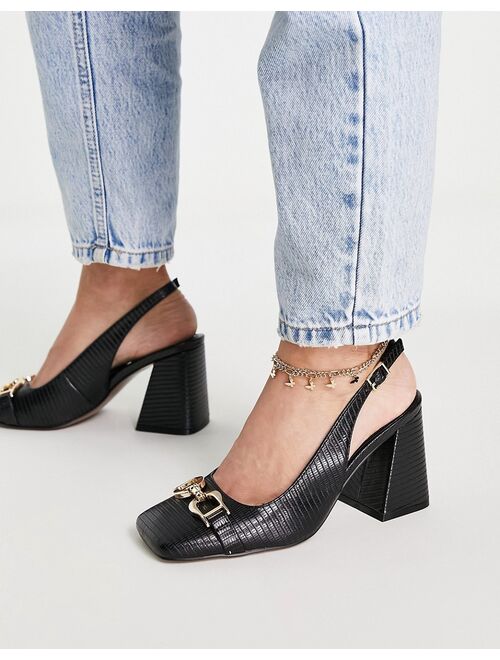 ASOS DESIGN Stable snaffle detail slingback heeled shoes in black