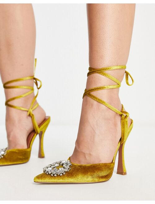 ASOS DESIGN Wide Fit Percy embellished tie leg high heeled shoes in ochre