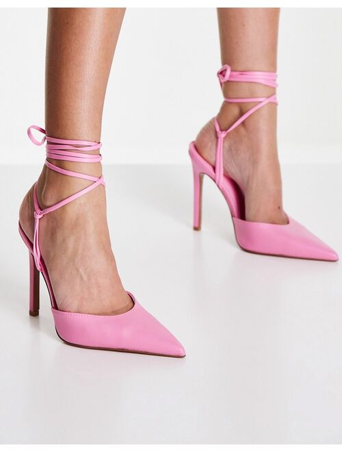 ASOS DESIGN Wide Fit Prize tie leg high heeled shoes in pink