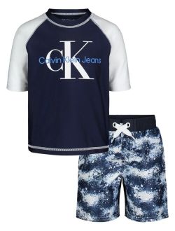 Little Boys 2 Piece Colorblock Raglan Rash Guard and Printed Drawstring Shorts Set