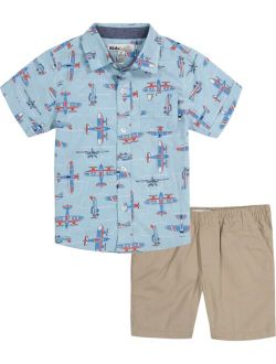 Little Boys 2 Piece Short Sleeve Printed Poplin Shirt and Twill Shorts Set