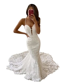 Mojing Sexy Lace Appliques Mermaid Wedding Dress Spaghetti Straps Sweetheart Bridal Gown for Wedding 2022