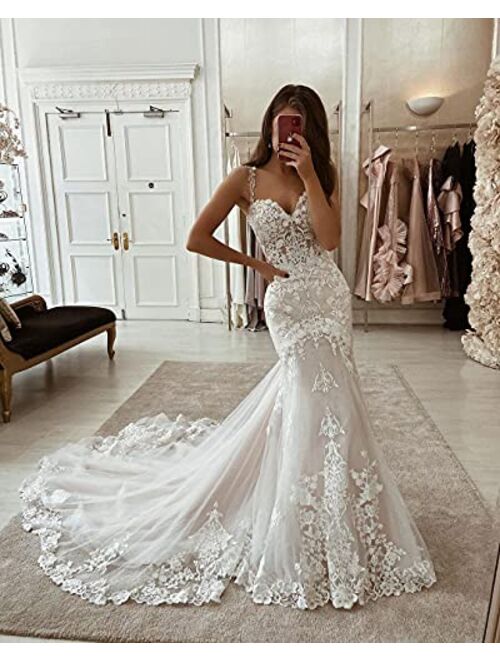 Mojing Sexy Lace Appliques Mermaid Wedding Dress Spaghetti Straps Sweetheart Bridal Gown for Wedding 2022