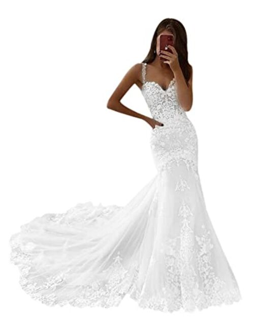 Mojing Sexy Lace Appliques Mermaid Wedding Dress Spaghetti Straps Sweetheart Bridal Gown for Wedding 2022