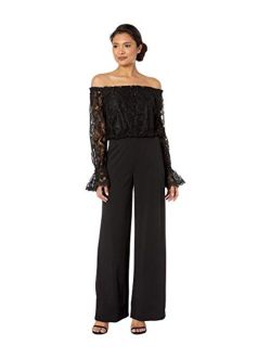 womens Knit Crepe Wide Leg Jumpsuit W/Off the Shoulder Lace Top