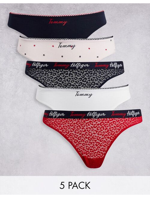 Tommy Hilfiger cotton lace and print mix thong 5 pack in multicolor