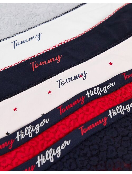 Tommy Hilfiger cotton lace and print mix thong 5 pack in multicolor