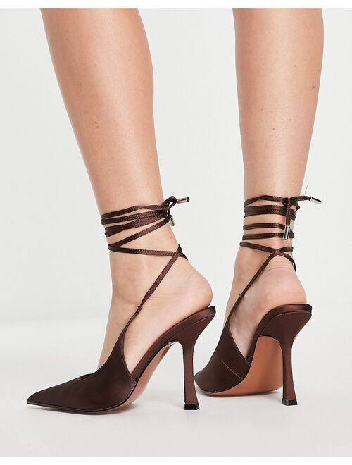 ASOS DESIGN Perry tie leg flared high heeled shoes in brown