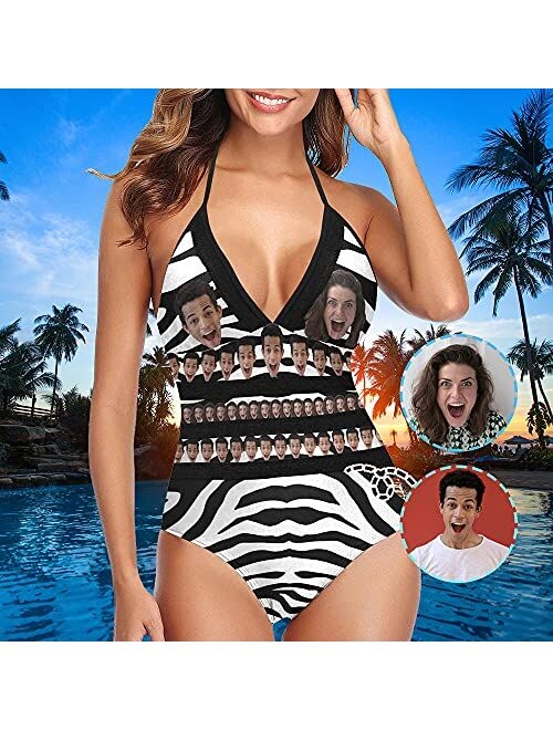 Interestprint Custom Face Women's One Piece Swimsuit Personalized Photo Print Zebra Pattern Bathing Suit Birthday for Girlfriend Wife