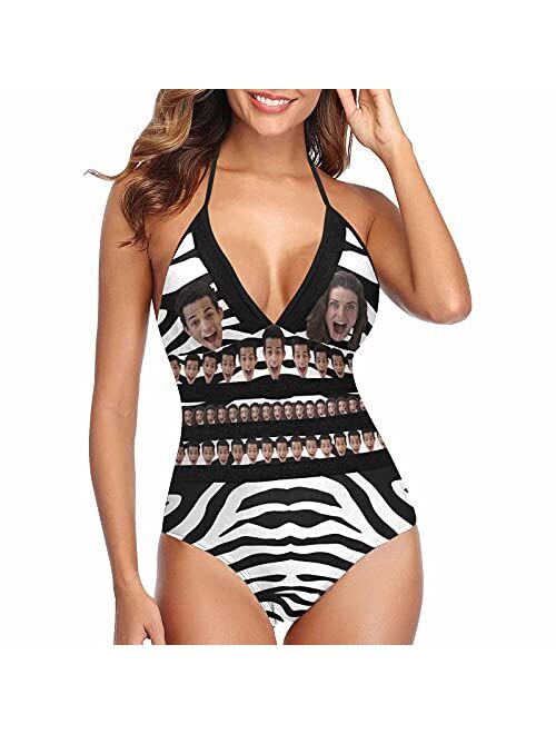 Interestprint Custom Face Women's One Piece Swimsuit Personalized Photo Print Zebra Pattern Bathing Suit Birthday for Girlfriend Wife