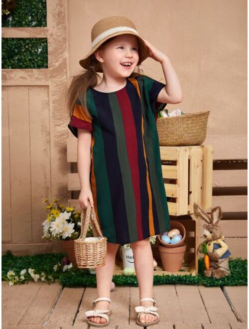 SHEIN Toddler Girls Block Striped Batwing Sleeve Dress