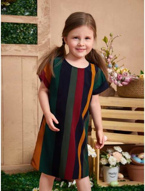 SHEIN Toddler Girls Block Striped Batwing Sleeve Dress