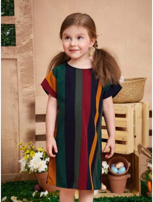 SHEIN Toddler Girls Block Striped Batwing Sleeve Dress