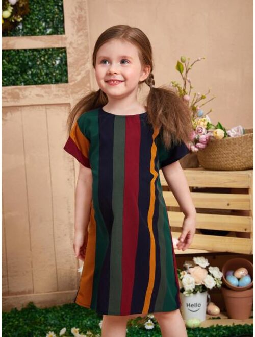 SHEIN Toddler Girls Block Striped Batwing Sleeve Dress