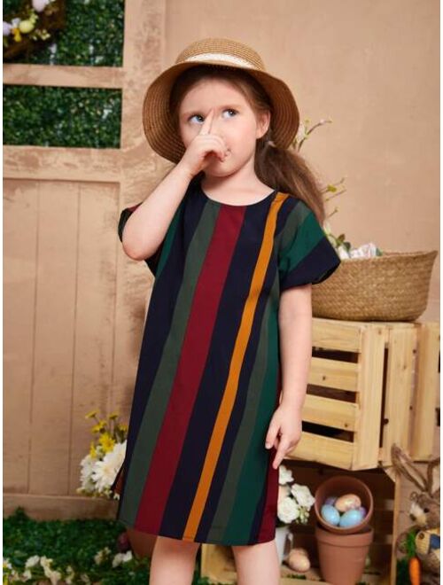 SHEIN Toddler Girls Block Striped Batwing Sleeve Dress