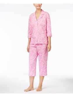 LAUREN RALPH LAUREN 3/4 Sleeve Cotton Notch Collar Capri Pant Pajama Set