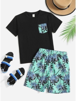 Boys Contrast Pocket Tee Coconut Tree Print Shorts