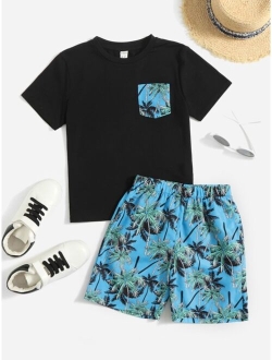 Boys Contrast Pocket Tee Coconut Tree Print Shorts