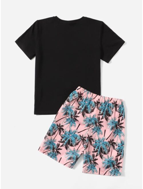 SHEIN Boys Contrast Pocket Tee Coconut Tree Print Shorts