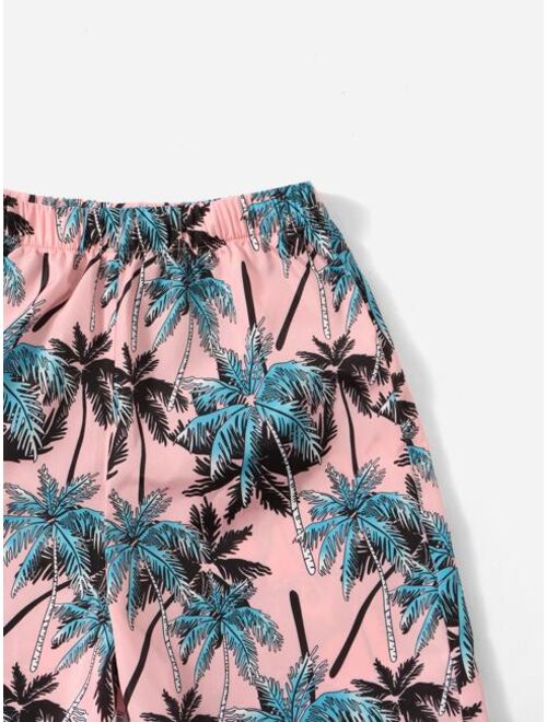 SHEIN Boys Contrast Pocket Tee Coconut Tree Print Shorts