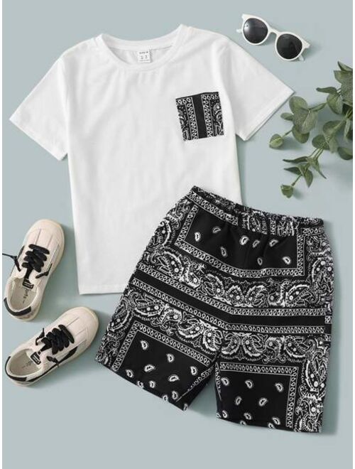 SHEIN Boys Paisley Print Patched Pocket Tee Shorts