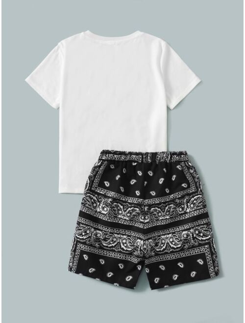 SHEIN Boys Paisley Print Patched Pocket Tee Shorts