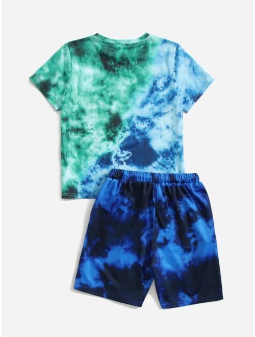 SHEIN Boys Cartoon Graphic Tie Dye Tee And Shorts Set