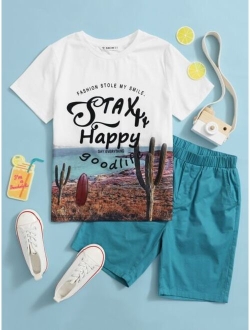 Boys Slogan Mixed Print Top Shorts Set