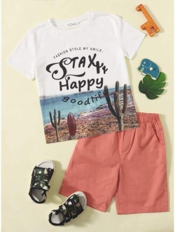 Boys Slogan Mixed Print Top Shorts Set