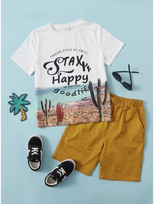 SHEIN Boys Slogan Mixed Print Top Shorts Set