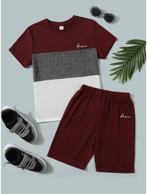 SHEIN Boys Letter Graphic Colorblock Tee and Track Shorts Set