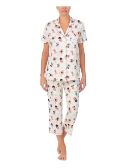 Printed Short Sleeve Notch-Collar Cropped Pajama Set