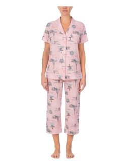 Printed Short Sleeve Notch-Collar Cropped Pajama Set