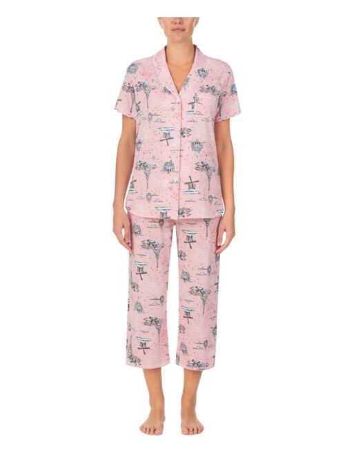 CUDDL DUDS Printed Short Sleeve Notch-Collar Cropped Pajama Set