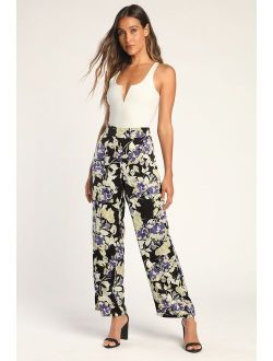 Stunning Looks Black Satin Floral High-Waisted Wide-Leg Pants